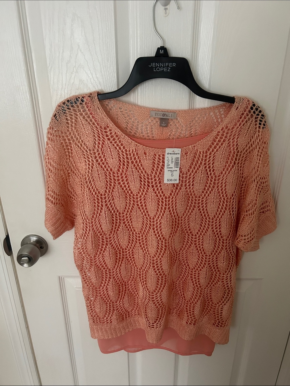 Roz & Ali Peach Open-Knit Short Sleeve Tunic with Chiffon Hem